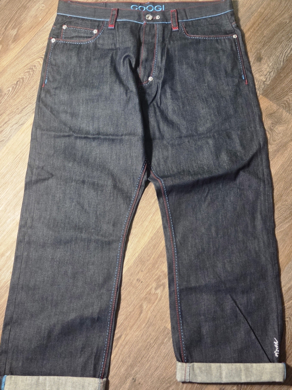 COOGI Men’s Dark Indigo Straight Jeans with Blue and Red Stitching